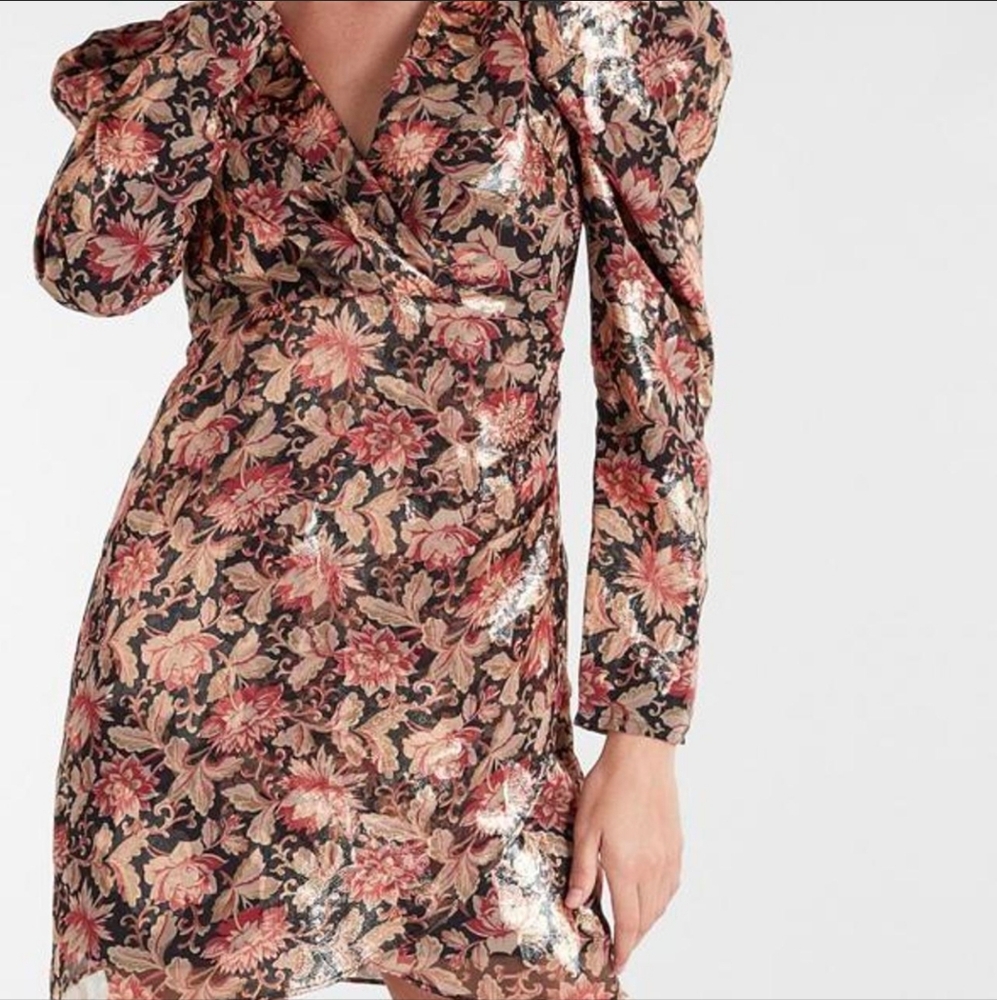 NWT EXPRESS Floral Metallic Gold Puff Sleeve Shoulder Sheath Wrap Dress, Size XS